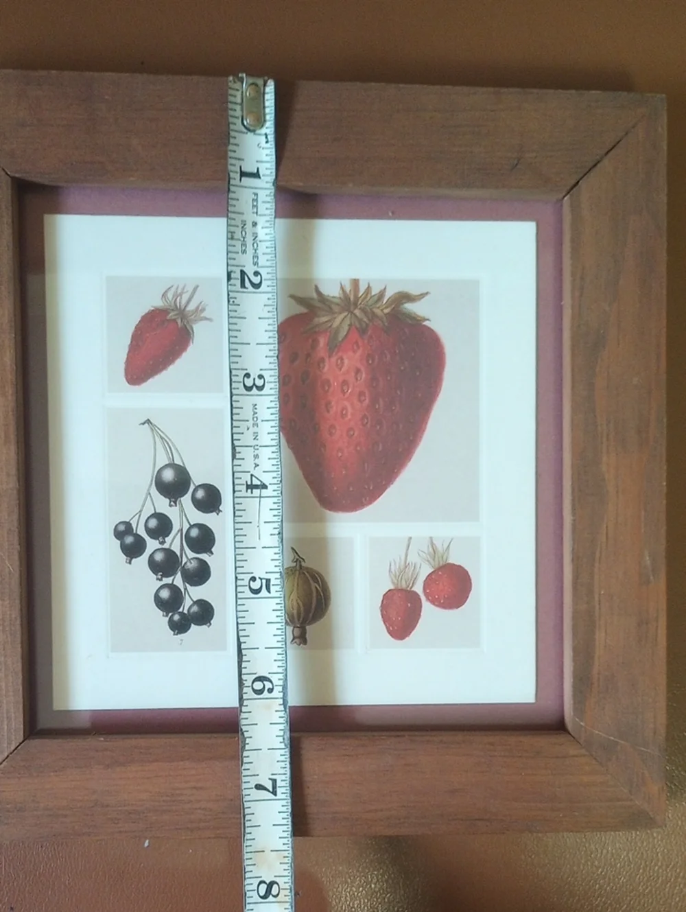 Vintage Strawberry Kitchen Art in Square Brown Wood Frame w/ Glass